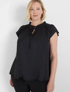 Knit Tops^Lane Bryant Flutter-Sleeve Woven Satin & Knit Top Black
