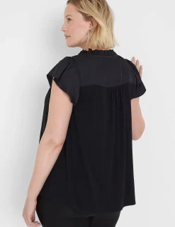Knit Tops^Lane Bryant Flutter-Sleeve Woven Satin & Knit Top Black