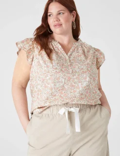 Knit Tops^Lane Bryant Flutter-Sleeve Woven-Front Knit Top Cynthia Floral