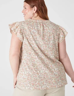Knit Tops^Lane Bryant Flutter-Sleeve Woven-Front Knit Top Cynthia Floral