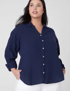 Shirts & Blouses^Lane Bryant Gauze Long-Sleeve Button-Down Beach Top Maritime Blue