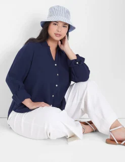 Shirts & Blouses^Lane Bryant Gauze Long-Sleeve Button-Down Beach Top Maritime Blue
