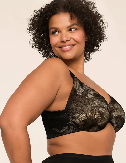 F To K Cups^Lane Bryant Invisible Lace Backsmoother Lightly Lined Full Coverage Bra Black