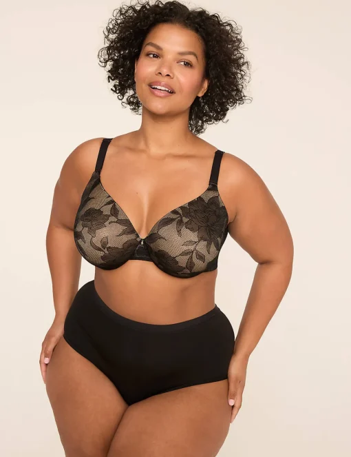 F To K Cups^Lane Bryant Invisible Lace Backsmoother Lightly Lined Full Coverage Bra Black