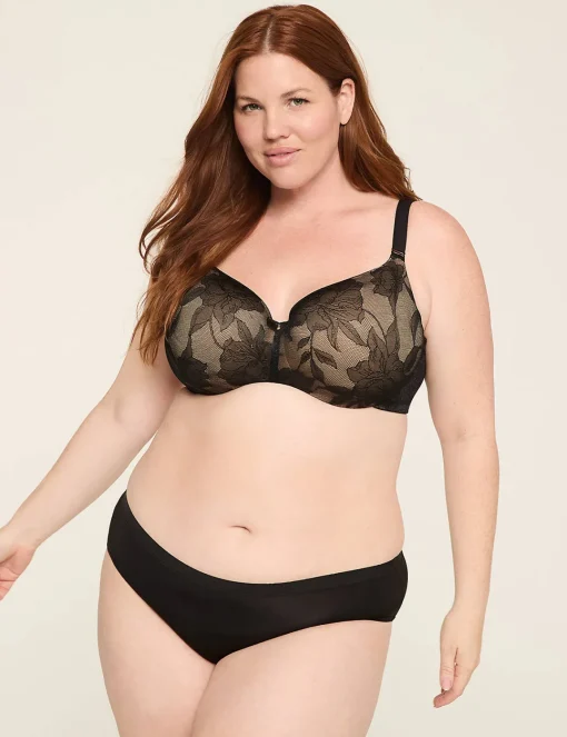 F To K Cups^Lane Bryant Invisible Lace Backsmoother Lightly Lined Balconette Bra Black