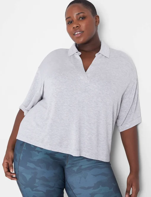 Livi Active Tops^Lane Bryant Livi Crop Short-Sleeve Polo Pullover Shirt Light Grey Heather