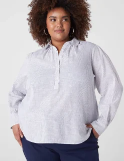 Shirts & Blouses^Lane Bryant Long-Sleeve Button Popover Top Navy Stripe