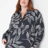 Shirts & Blouses^Lane Bryant Long-Sleeve Button-Down Satin Top Black Leaf