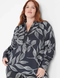 Shirts & Blouses^Lane Bryant Long-Sleeve Button-Down Satin Top Black Leaf