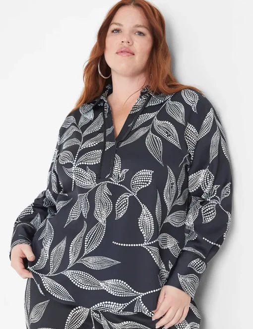 Shirts & Blouses^Lane Bryant Long-Sleeve Button-Down Satin Top Black Leaf
