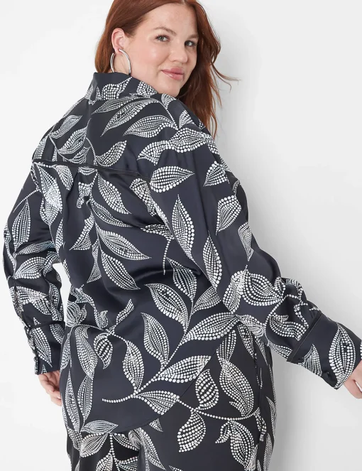 Shirts & Blouses^Lane Bryant Long-Sleeve Button-Down Satin Top Black Leaf