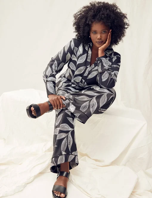 Shirts & Blouses^Lane Bryant Long-Sleeve Button-Down Satin Top Black Leaf