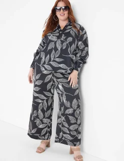 Shirts & Blouses^Lane Bryant Long-Sleeve Button-Down Satin Top Black Leaf
