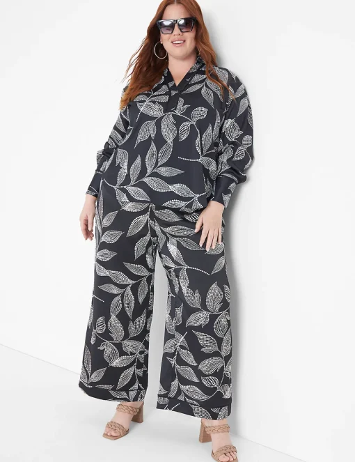 Shirts & Blouses^Lane Bryant Long-Sleeve Button-Down Satin Top Black Leaf