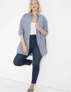 Shirts & Blouses^Lane Bryant Long-Sleeve Collared Button-Down Tunic Multi Blue Stripe