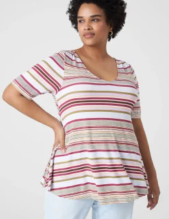 The Tee Shop^Lane Bryant Modern Swing Perfect Sleeve Ruched-Shoulder Tee Tent Stripe