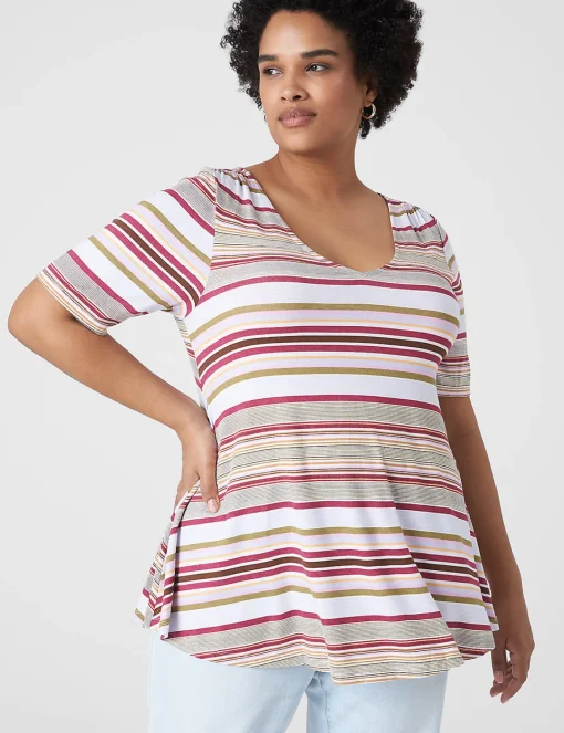 The Tee Shop^Lane Bryant Modern Swing Perfect Sleeve Ruched-Shoulder Tee Tent Stripe