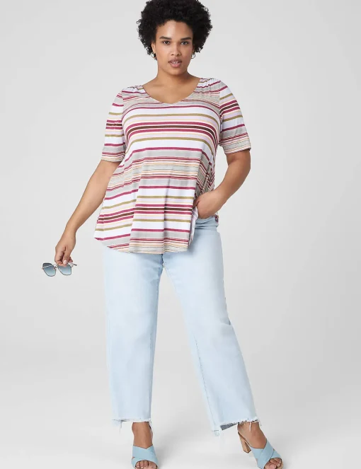 The Tee Shop^Lane Bryant Modern Swing Perfect Sleeve Ruched-Shoulder Tee Tent Stripe