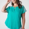 Knit Tops^Lane Bryant Notch-Neck Embroidered-Shoulder Tee Deep Green