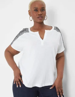 The Tee Shop^Lane Bryant Notch-Neck Embroidered-Shoulder Tee White