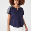 The Tee Shop^Lane Bryant Notch-Neck Embroidered-Shoulder Tee Maritime Blue