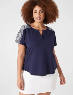 The Tee Shop^Lane Bryant Notch-Neck Embroidered-Shoulder Tee Maritime Blue