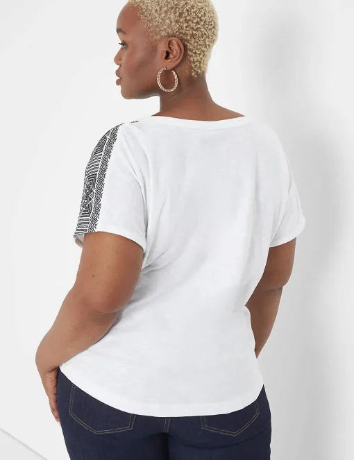 The Tee Shop^Lane Bryant Notch-Neck Embroidered-Shoulder Tee White