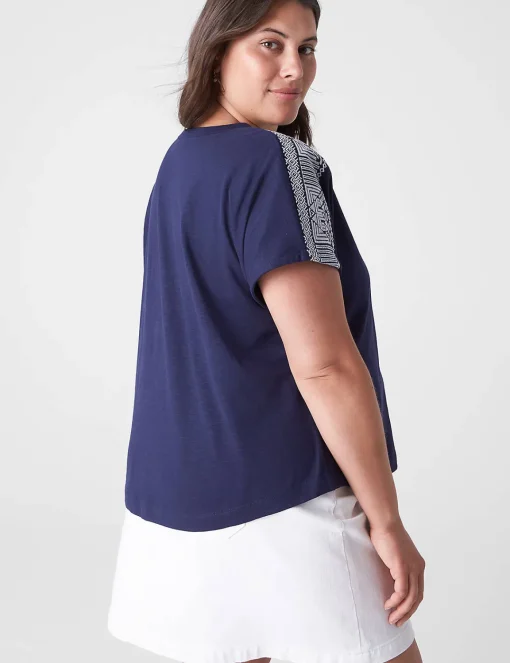 The Tee Shop^Lane Bryant Notch-Neck Embroidered-Shoulder Tee Maritime Blue