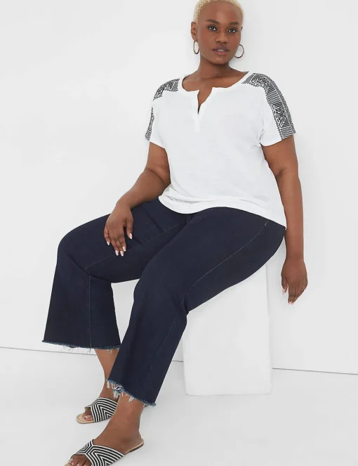The Tee Shop^Lane Bryant Notch-Neck Embroidered-Shoulder Tee White