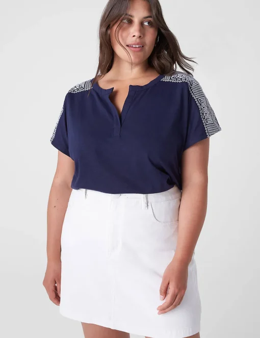 The Tee Shop^Lane Bryant Notch-Neck Embroidered-Shoulder Tee Maritime Blue