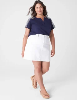 The Tee Shop^Lane Bryant Notch-Neck Embroidered-Shoulder Tee Maritime Blue