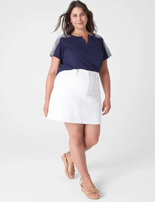 The Tee Shop^Lane Bryant Notch-Neck Embroidered-Shoulder Tee Maritime Blue