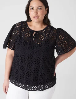 Shirts & Blouses^Lane Bryant Notch-Neck Sheer Eyelet Top Black