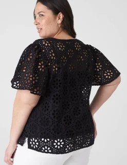 Shirts & Blouses^Lane Bryant Notch-Neck Sheer Eyelet Top Black