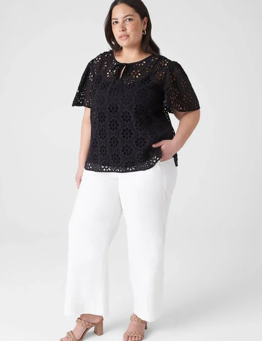 Shirts & Blouses^Lane Bryant Notch-Neck Sheer Eyelet Top Black