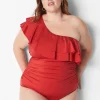 Swim One Piece^Lane Bryant No-Wire Ruffle One-Shoulder Swim One-Piece Adrenaline Rush