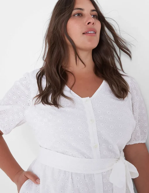 Casual^Lane Bryant Perfect Puff-Sleeve Button-Front Belted Romper White