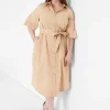 Work Versatile^Lane Bryant Perfect Sleeve Collared Belt Shirt Dress Ginger Root