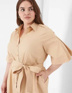 Work Versatile^Lane Bryant Perfect Sleeve Collared Belt Shirt Dress Ginger Root