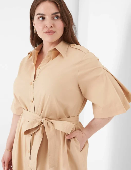 Work Versatile^Lane Bryant Perfect Sleeve Collared Belt Shirt Dress Ginger Root