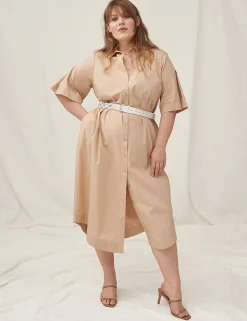 Work Versatile^Lane Bryant Perfect Sleeve Collared Belt Shirt Dress Ginger Root