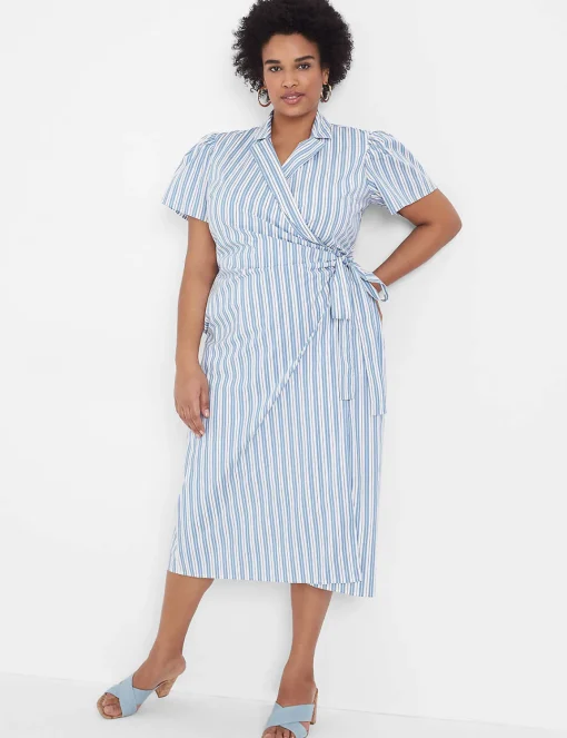 Maxi & Midi^Lane Bryant Pleated-Sleeve Collar Wrap Dress Blue Stripe