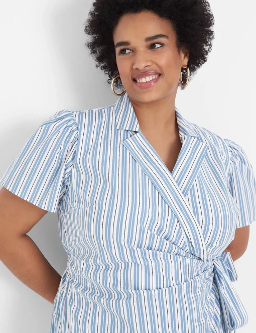 Maxi & Midi^Lane Bryant Pleated-Sleeve Collar Wrap Dress Blue Stripe