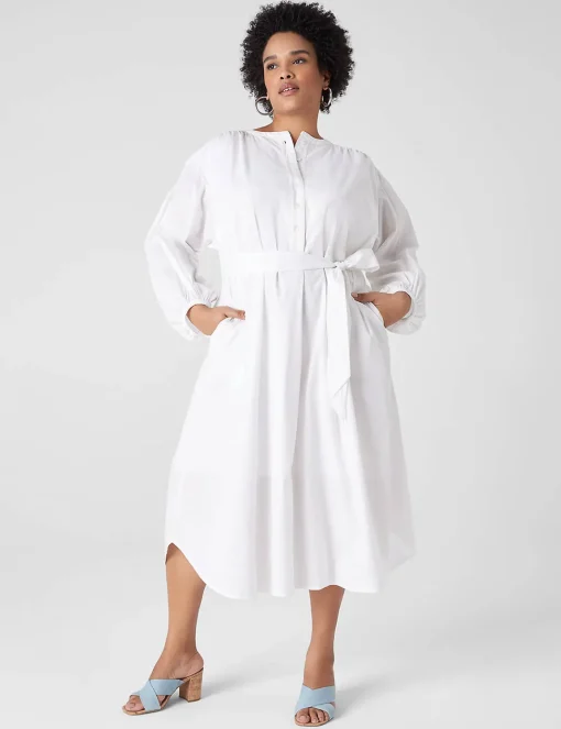 Work Versatile^Lane Bryant Poet-Sleeve Placket-Detail Midi Dress White