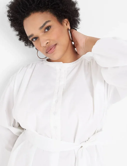 Work Versatile^Lane Bryant Poet-Sleeve Placket-Detail Midi Dress White