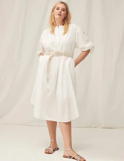 Work Versatile^Lane Bryant Poet-Sleeve Placket-Detail Midi Dress White