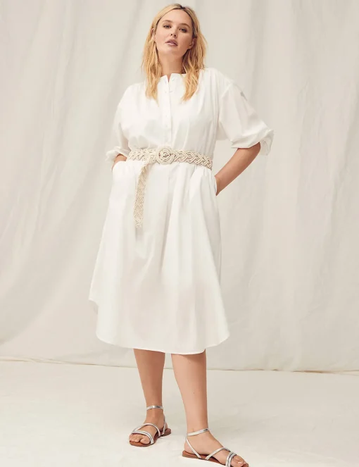 Work Versatile^Lane Bryant Poet-Sleeve Placket-Detail Midi Dress White
