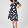 Fit & Flare^Lane Bryant Puff-Sleeve Ruched-Front Fit & Flare Dress Large Blue Floral