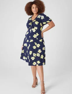 Fit & Flare^Lane Bryant Puff-Sleeve Ruched-Front Fit & Flare Dress Large Blue Floral