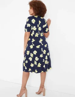 Fit & Flare^Lane Bryant Puff-Sleeve Ruched-Front Fit & Flare Dress Large Blue Floral